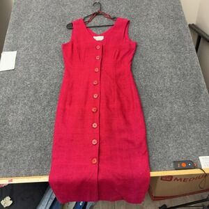 Vintage Santa Fe Dress Womens 12 Red Silk Button Down Midi Sheath 90s Minimalist